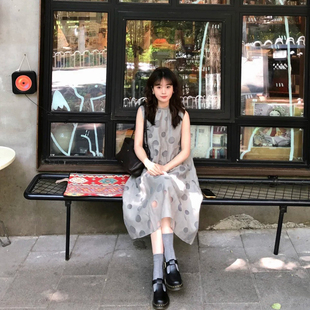 复古灰色波点圆领无袖背心长裙女夏季小个子休闲宽松文艺蛋糕裙