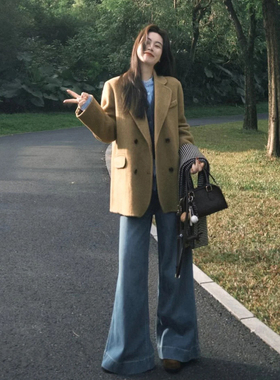 复古秋黄色西装毛呢外套女秋冬季新款高级感休闲宽松百搭呢子大衣