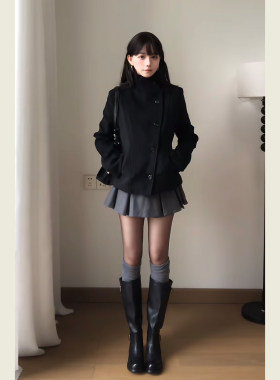 韩系赫本风黑色百搭毛呢外套