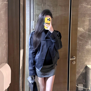 韩系英伦风藏青色立领短款 廓形夹克双排扣宽松休闲外套 风衣女春季