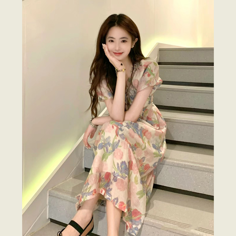 清仓！法式温柔风减龄碎花泡泡袖连衣裙女夏收腰显瘦气质中长裙