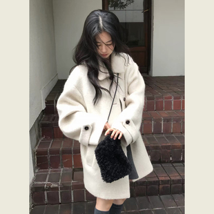 韩系白色翻领中长款毛呢外套女秋冬季小个子宽松显瘦百搭呢子大衣