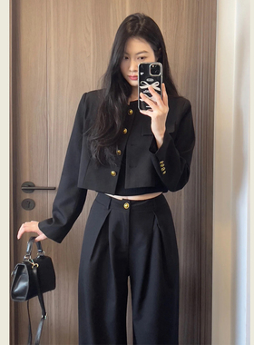 气质套装女春秋季新款时尚黑色短款西装外套上衣高腰直筒裤两件套