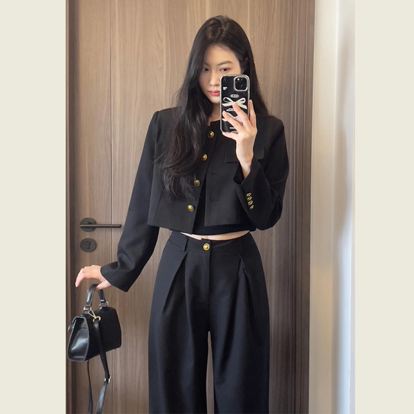 黑色短款 两件套 新款 气质套装 时尚 外套上衣高腰直筒裤 女春秋季 西装