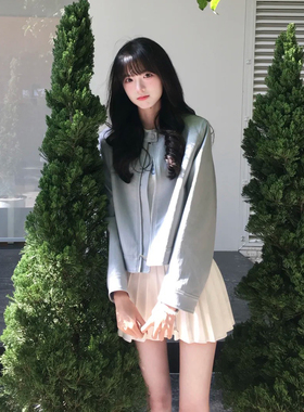 天蓝色立领减龄PU皮衣外套女春秋新款小个子机车服短款夹克上衣