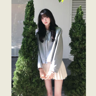 天蓝色立领减龄PU皮衣外套女春秋新款小个子机车服短款夹克上衣