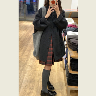 极简风灰色立领呢子大衣女秋冬季小个子中长款宽松显瘦毛呢外套