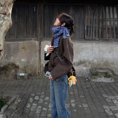 韩系棕色立领短款呢子大衣