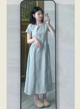 法式温柔风小口袋简约裁剪纯色连衣裙女夏季小个子设计感A字长裙