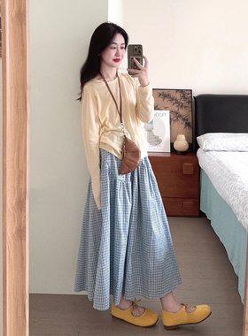 韩系简约时尚休闲套装女夏纯色圆领长袖T恤高腰蓝格半身裙两件套