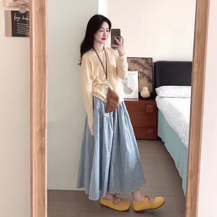 女夏纯色圆领长袖 T恤高腰蓝格半身裙两件套 休闲套装 韩系简约时尚