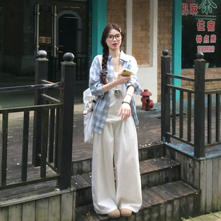 高腰阔腿裤 韩系慵懒时尚 两件套 衬衫 polo领格子长袖 休闲套装 女秋季