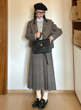 韩版毛呢西装套装女秋冬季小个子复古灰色呢子西服半身长裙两件套