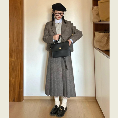 韩版复古灰色毛呢西装套装