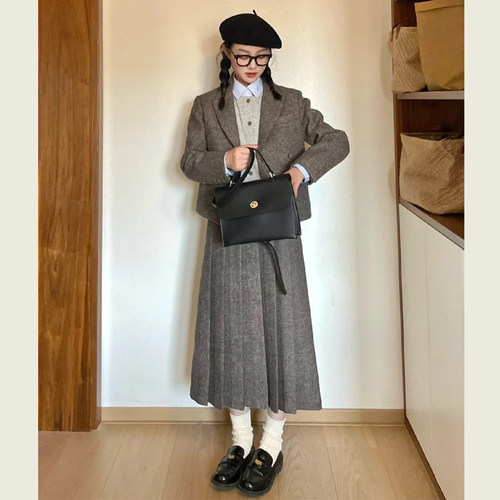 韩版复古灰色毛呢西装套装