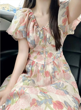 清仓！茶歇法式V领泡泡袖碎花连衣裙女夏季高级感收腰显瘦A字长裙