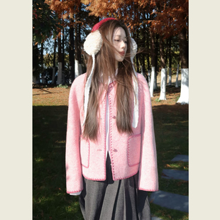 粉色圆领拼色毛呢短款外套女秋冬新款宽松温柔甜美减龄呢子上衣