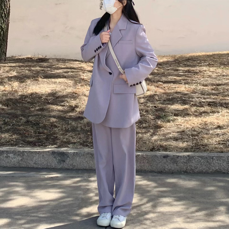 高级感紫色休闲西装套装女