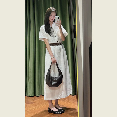 杏仁米V领工装风短袖衬衫连衣裙
