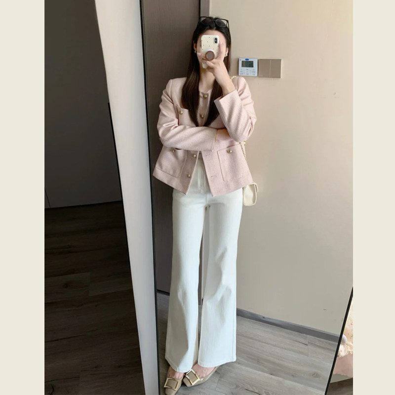 甜美粉色圆领单排扣小香风上衣女春秋装新款通勤百搭休闲短款外套,女装/女士精品,短外套,淘宝优惠券,粉丝福利购,淘宝优惠卷