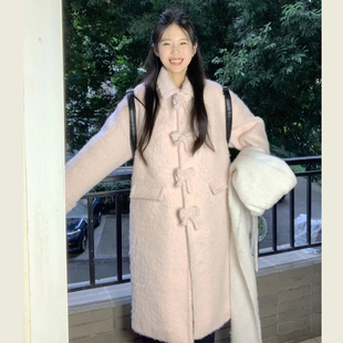 小个子宽松中长款 韩系甜美粉色蝴蝶结毛呢外套女秋冬季 呢子大衣