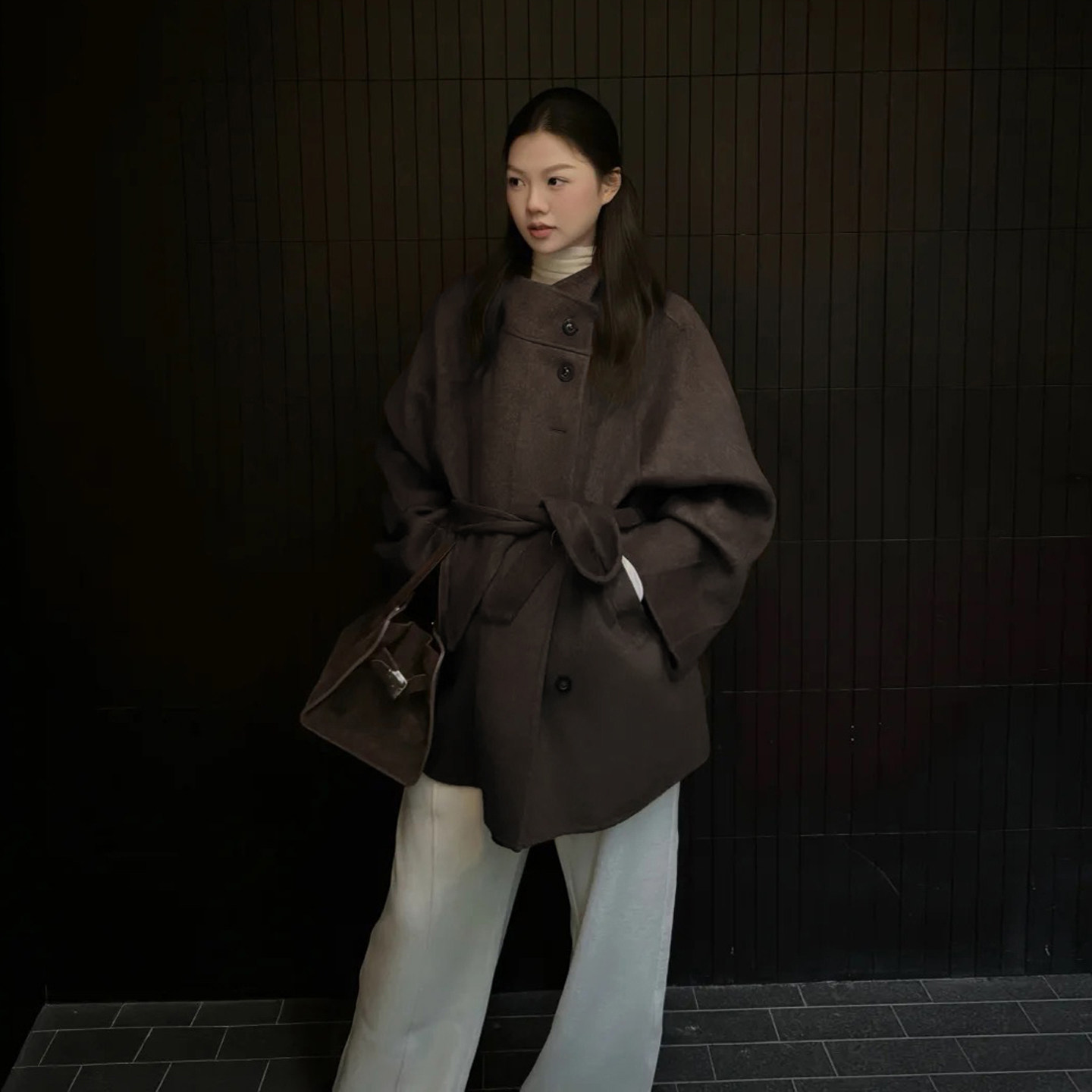 复古棕色立领系带毛呢外套