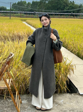 老钱风灰色立领休闲毛呢外套女冬季新款高级感中长款系带呢子大衣