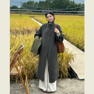 老钱风灰色立领休闲毛呢外套女冬季新款高级感中长款系带呢子大衣