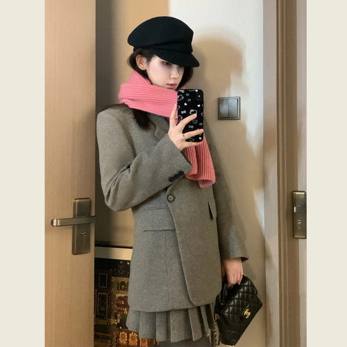 韩系复古灰色毛呢西装套装