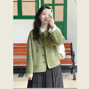 韩系简约风绿色圆领毛呢外套女秋冬季 呢子上衣 小个子宽松显瘦短款