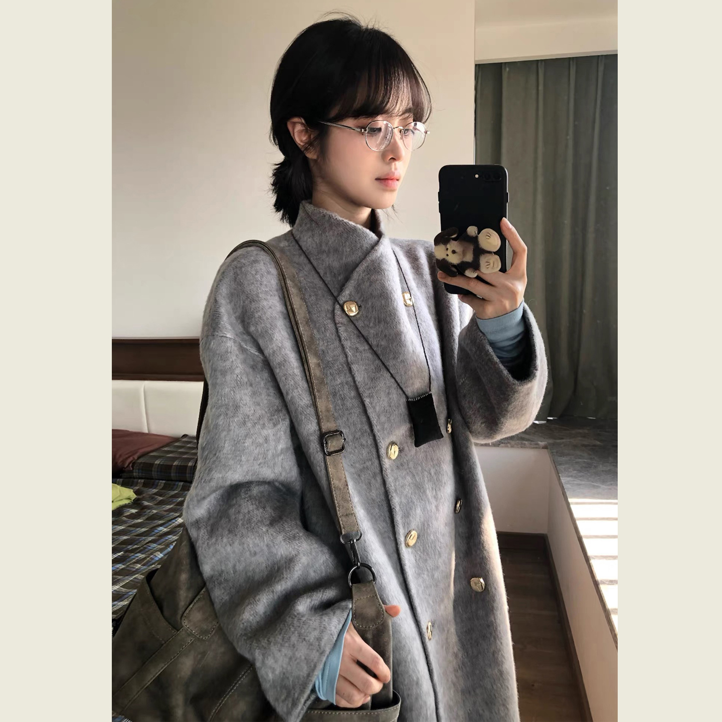 韩系赫本风灰色休闲毛呢外套