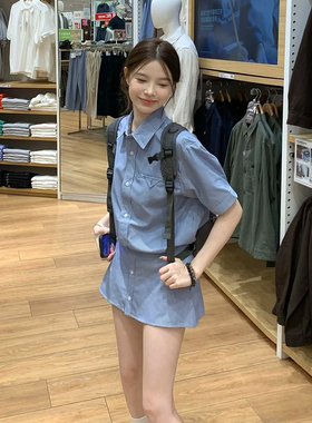 韩系学院风蓝色条纹套装女夏季polo领条纹衬衫短袖半身裙裤两件套