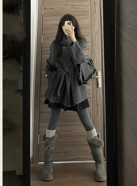 韩系灰色立领系带毛呢外套女秋冬季小个子收腰显瘦气质中长款大衣