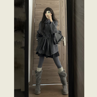 韩系灰色立领系带毛呢外套女秋冬季小个子收腰显瘦气质中长款大衣