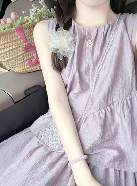 度假风紫色两件套背心连衣裙套装女夏小个子宽松显瘦无袖气质长裙