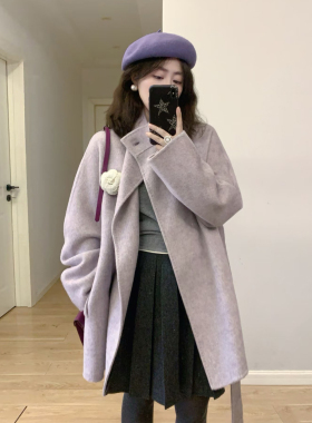 温柔风紫色系带立领毛呢外套女秋冬季小个子中长款减龄呢子大衣