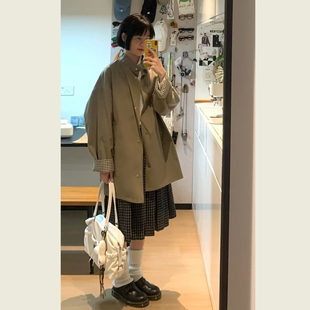 日系复古咖绿立领拼接撞色风衣女春秋季 外套 慵懒风宽松休闲中长款
