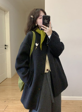 韩系赫本风深灰色呢子大衣女秋冬季小个子中长款休闲百搭毛呢外套