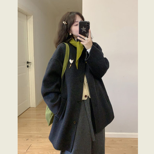 韩系赫本风深灰色呢子大衣女秋冬季小个子中长款休闲百搭毛呢外套