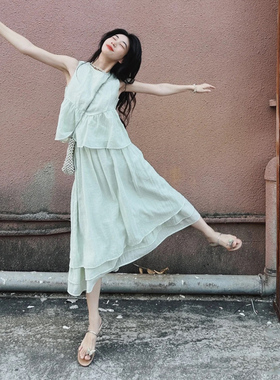 慵懒风绿色小清新无袖背心连衣裙女夏季宽松显瘦半身裙两件套套装