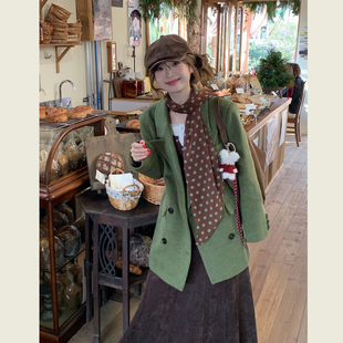 复古绿色双排扣毛呢西装大衣女秋冬季韩版宽松显瘦休闲呢子外套