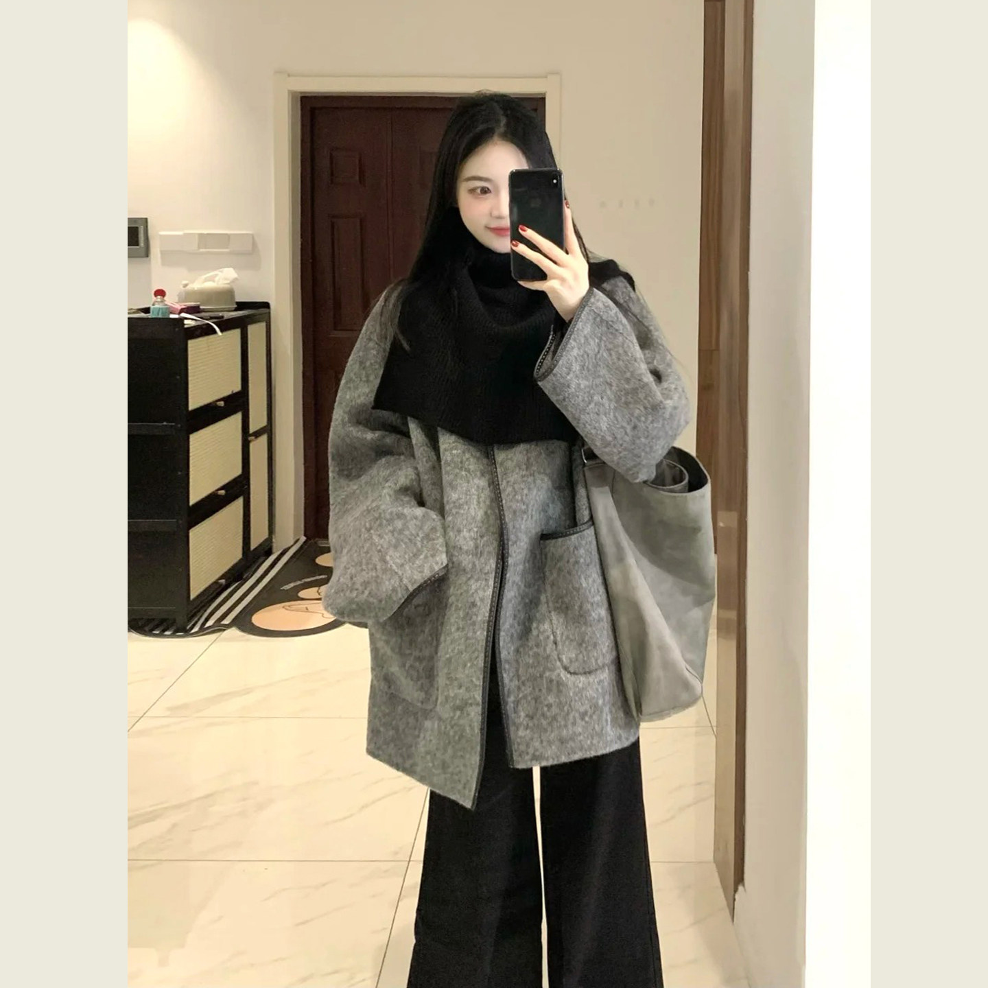 韩系赫本风灰色圆领呢子上衣女秋冬季小个子宽松显瘦百搭毛呢外套