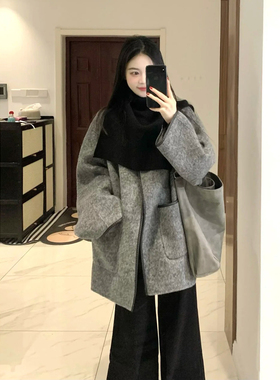 韩系赫本风灰色圆领呢子上衣女秋冬季小个子宽松显瘦百搭毛呢外套
