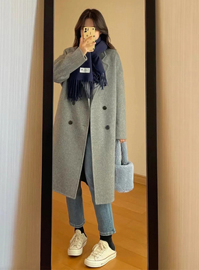高级感灰色毛呢外套2023年秋冬季韩版加厚小个子呢子大衣女中长款