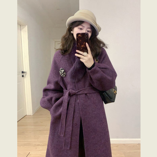 韩系高级感紫色中长款呢子大衣女冬季新款小个子收腰显瘦毛呢外套