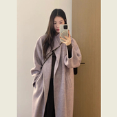 温柔风紫色立领中长款 呢子大衣女秋冬简约气质款 宽松减龄毛呢外套