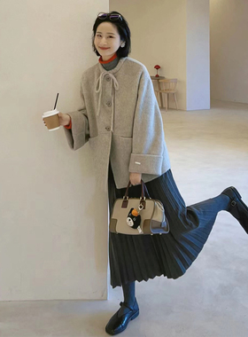 甜美减龄蝴蝶结灰色呢子大衣女短款秋冬小个子单排扣圆领毛呢外套