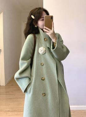 森系复古绿色立领呢子大衣女秋冬季韩版宽松阔显瘦中长款毛呢外套