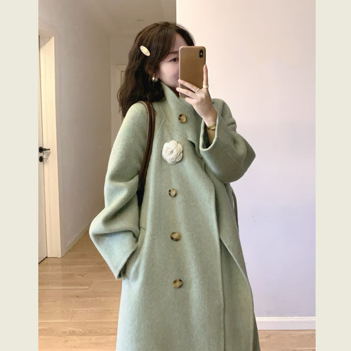 森系复古绿色立领呢子大衣