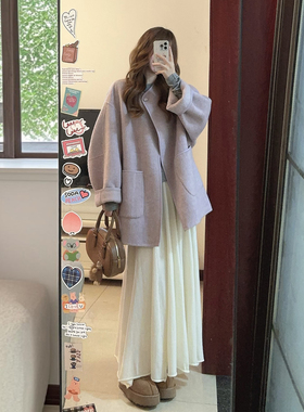 温柔风紫色气质圆领呢子大衣女秋冬季小个子廓形宽松显瘦毛呢外套